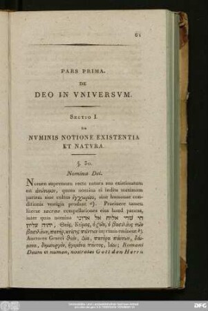 Sectio I. De Numinis Notione Existentia Et Natura.