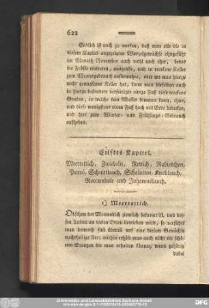Eilftes Kapitel. Meerrettich, Zwiebeln, Rettich, Radieschen, Porré, Schnittlauch, Schalotten, Knoblauch, Roccambole und Johannislauch.