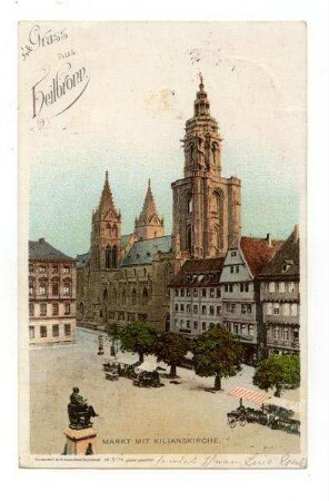 "Markt mit Kilianskirche", Marktplatz, Robert-Mayer-Denkmal, Außenansicht der Kilianskirche von Nordwesten und den Häusern Kaiserstraße 32 und 34