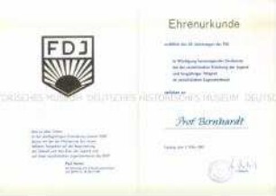 Ehrenurkunde zum 35. Jahrestag der Freien Deutschen Jugend