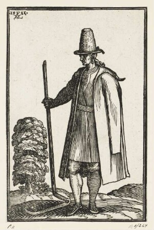 Bauer mit einer Sense, aus: Melchior Lorch, "Des Weitberühmten Kunstreichen und Wolerfahrnen herrn Melchior Lorichs, Flensburgensis Wolgerissene und geschnittene Figuren zu Ross und Fuss sampt schönen Türkischen Gebäuden und allerhand was in der Türkey ze sehen", Hamburg 1626