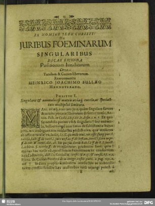 Decas Secunda Positionam Juridicarum Circa Tutelam & Curam liberorum. Respondente Heinrico Joachimo Bullaeo Hannoverano