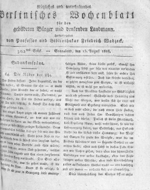 502tes Stück, Sonnabend den 15. August 1818