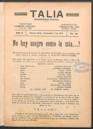 1937002800: ¡No hay suegra como la mía...! : un prólogo, tres actos y un epílogo