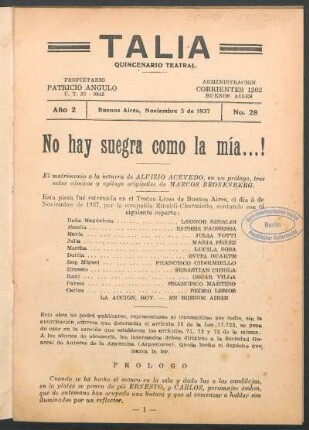 1937002800: ¡No hay suegra como la mía...! : un prólogo, tres actos y un epílogo