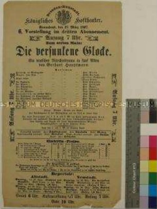 Theaterzettel des Königlichen Hoftheaters Dresden für eine Aufführung des Stücks "Die versunkene Glocke" von Gerhart Hauptmann am 27. März 1897