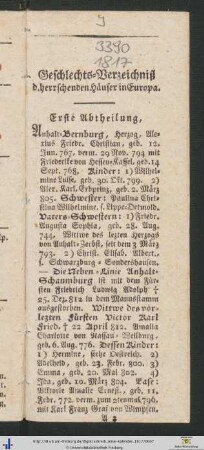 Geschlechts-Verzeichniß der herrschenden Häuser in Europa. Erste Abtheilung.