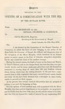 Papers relating to the opening of a communication with the sea by the Mutlah River