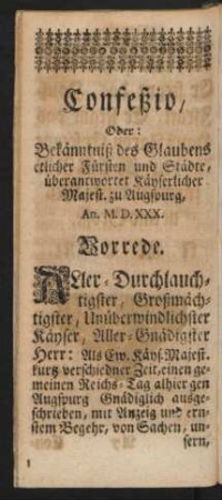 Confeßio, Oder Bekänntniß des Glaubens ... Vorrede