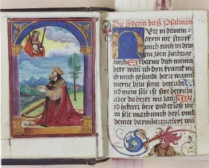 König David erscheint Gott am Himmel, Schwert und Totenkopf haltend, Seite 1(v) und Textseite mit Initiale, Seite 1(a, v) : König David erscheint Gott am Himmel, Schwert und Totenkopf haltend, Seite 1(v) und Textseite mit Initiale, Seite 1(a, v). Deckfarben, Pergament; 10 x 7,8 cm (Blattgröße). Aus: Aurelius Augustinus: Dy sybenn buß Psalmen, die leteney, andere Gebete. [Geschriben vnnd geendet...Nuremberg...Bernhardum Gruber]
