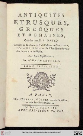Band 3: Antiquités étrusques, grecques et romaines, Ou les beaux vases étrusques, grecs et romains, et les peinture rendues avec les couleurs qui leur sont propres