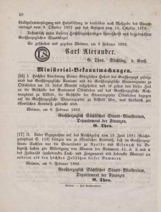 16. Ministerial-Bekanntmachung, die Aufhebung des Großherzoglichen Rentamts und der Großherzoglichen Steuerrezeptur zu Oldisleben und die Vertheilung deren Geschäfte betreffend