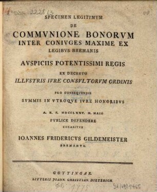 Specimen legitimum de communione bonorum inter coniuges maxime ex legibus Bremanis