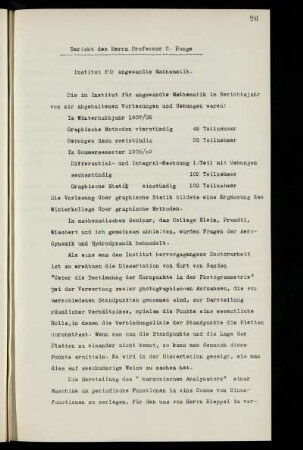 Bericht des Herrn Professor C. Runge. Institut für angewandte Mathematik