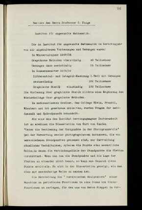 Bericht des Herrn Professor C. Runge. Institut für angewandte Mathematik