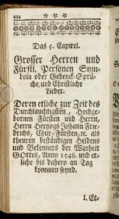 Das 5. Capitel. Grosser Herren und Fürstl. Personen Symbola oder Gedenck-Sprüche, und christliche Lieder.