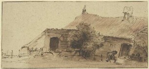 Bauernhaus, davor ein Baum und eine sich bückende Figur