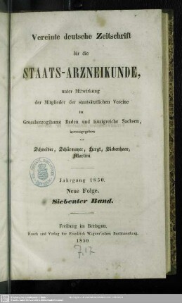 N.F.7.1850: Vereinte deutsche Zeitschrift für die Staatsarzneikunde