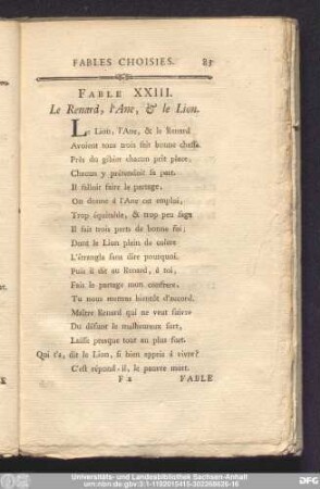 Fable XXIII. Le Renard, l'Ane, & le Lion.