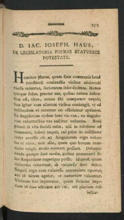 D. Iac. Ioseph. Haus, De Legislatoria Poenas Statuendi Potestate