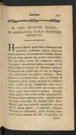 D. Iac. Ioseph. Haus, De Legislatoria Poenas Statuendi Potestate