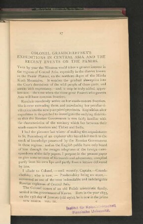 Colonial Grambcheffsky's Expeditions in Central Asia, and the Recent Events on the Pamirs.