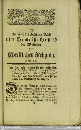 Die Umstände des Jüdischen Volcks ein Beweiß-Grund der Wahrheit der Christlichen Religion