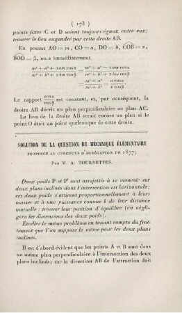 Solution de la question de mécanique élémentaire proposée au concours d'agrégation de 1877.
