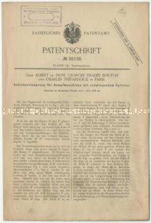 Patentschrift einer Schiebersteuerung für Dampfmaschinen mit schwingendem Zylinder, Patent-Nr. 38135