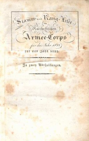 1822: Stamm- und Rang-Liste des Kurhessischen Armee-Corps
