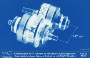 Kettenwandler P.I.V. Reimers im Münchner Forschungstraktor. Grenzleistung dieser (kleinen) Einheit ca. 40-50 kW (Traktor)