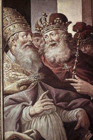 Der heilige Benedikt gibt die Ordensregel im Beisein des Papstes und des Kaisers