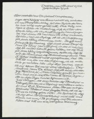 Brief von Otto Hettner an Gerhart Hauptmann