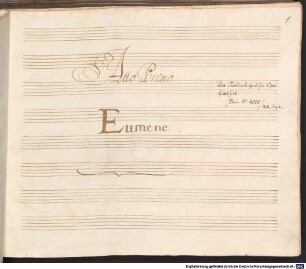 Eumene, V (6), Coro, strings, fl - BSB Mus.ms. 147 : Atto Primo (- Terzo) // Eumene // [spine title:] EVMENE // ATTO // I. (- III.)