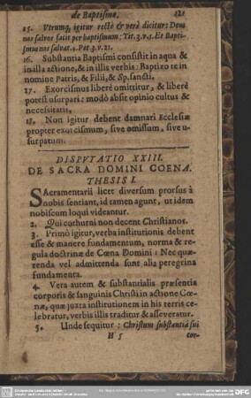 Disputatio XXIII. De Sacra Domini Coena. Thesis I