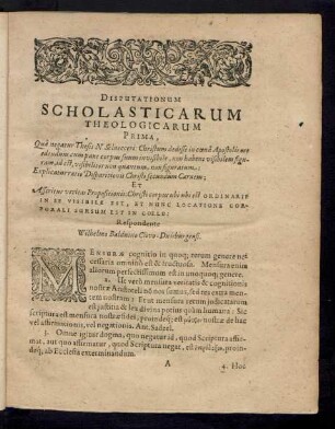 Disputationum Scholasticarum Theologicarum Prima, ...