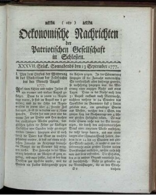 XXXVII. Stück. Sonnabends den 13 September 1777.