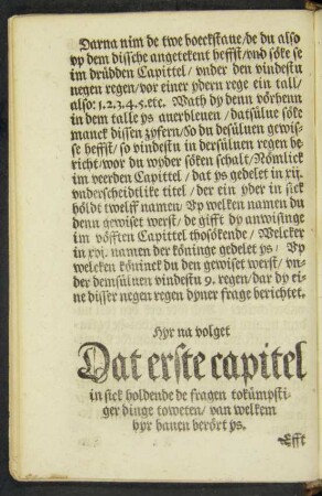 Hyr na volget Dat erste capitel in sick holdende de fragen tokümpstiger dinge toweten/ van welkem hyr baven berört ist.