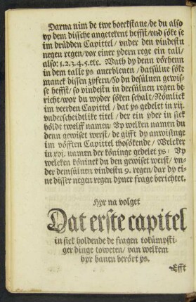 Hyr na volget Dat erste capitel in sick holdende de fragen tokümpstiger dinge toweten/ van welkem hyr baven berört ist.
