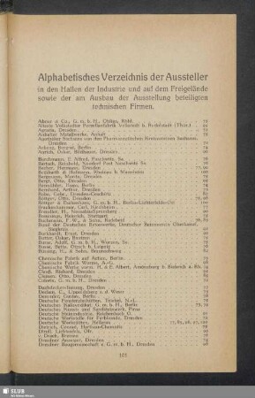Alphabetisches Verzeichnis der Aussteller in den Hallen der Industrie und auf dem Freigelände sowie der am Ausbau der Ausstellung beteiligten technischen Firmen