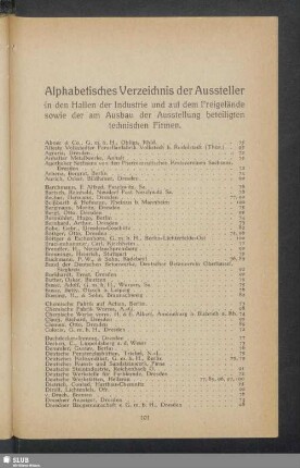 Alphabetisches Verzeichnis der Aussteller in den Hallen der Industrie und auf dem Freigelände sowie der am Ausbau der Ausstellung beteiligten technischen Firmen