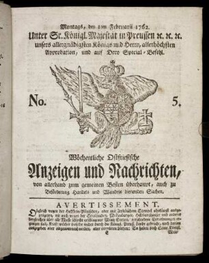 No. 5. Montags, den 1ten Februarii 1762.