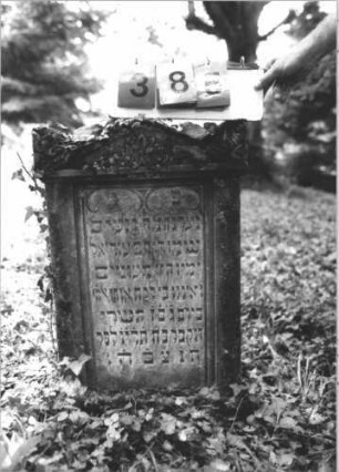 Grabstein 385 (Index: 99799660) Material: Sandstein Zustand: verwittert Maße HxBxT: 74x50x13 cm Beschreibung: Stele, Giebelabschluß, Seitenakrotere, Schriftfeld rechteckig eingetieft, Sockel Symbolik: floral Besonderheit: Grab eines Jünglings: Grabstein 385