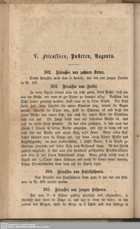 V. Fricassées, Pasteten, Ragouts