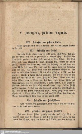 V. Fricassées, Pasteten, Ragouts