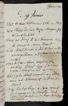 232r-253v, 19. Januar 1788: 1543 gest. Nicol. Copernicus... - 20. Januar 1788: 1786 gest. zu Berlin Ernst Gotthilf von Troschke