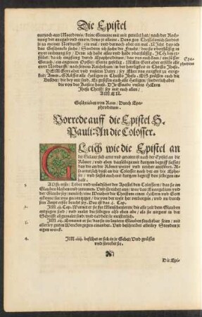 Vorrede auff die Epistel S. Pauli: An die Colosser.