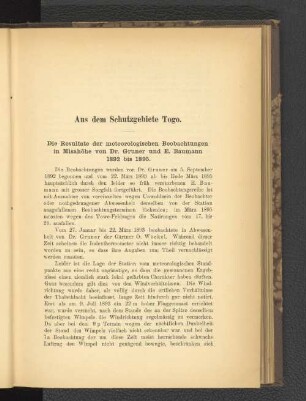 Die Resultate der meteorologischen Beobachtungen in Misahöhe von Dr. Gruner und E. Baumann 1892 bis 1895.