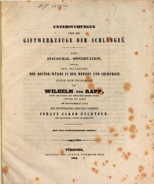 Untersuchungen über die Giftwerkzeuge der Schlangen : eine Inaugural-Dissertation ... ; mit zwei lithographirten Tafeln