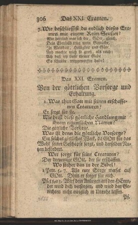 Das XXI. Examen. Von der götllichen Vorsorge und Erhaltung